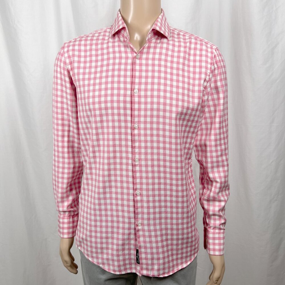 Hugo Boss Mens Size 16 Pink White Gingham Check Slim Fit Long Sleeve Dress Shirt